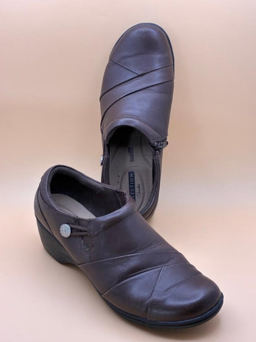 Clarks Collection Shoes W 9 Channing Ann Slip On Loafer Heel Brown Leather